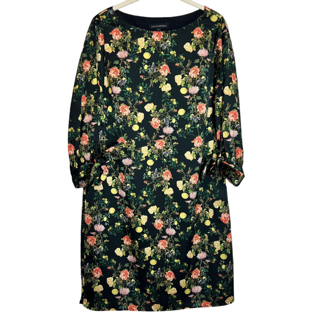 Banana Republic Womens Chiffon Shift Dress Size 4 Dark Green Floral Cottagecore